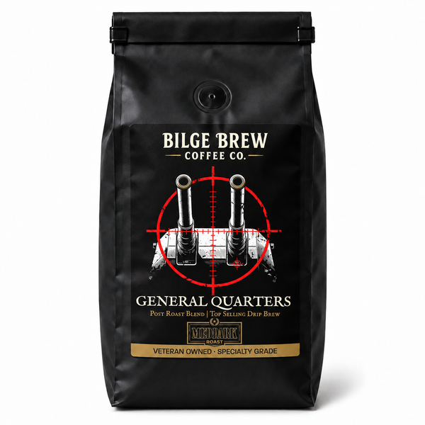 A black coffee bag with a drawstring-free seal and a graphic label reading 'Bilge Brew Coffee Co.' and 'General Quarters,' featuring a rifle crosshair design and a gold banner near the bottom, shown on a white background.