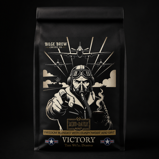 Coffee bag with a vintage airplane and pilot design, featuring the brand 'Bilge Brew Coffee Co.'