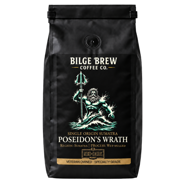 A black coffee bag from Bilge Brew Coffee Co. featuring a graphic of Poseidon holding a trident, with text reading 'Poseidon's Wrath' and 'Single Origin Sumatra'.