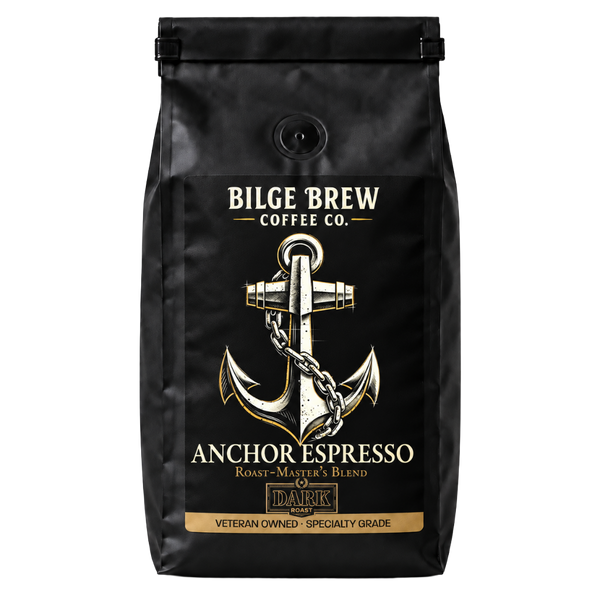 A black coffee bag with a gold and white anchor graphic and the text 'Bilge Brew Coffee Co. Anchor Espresso' on the front, photographed against a plain white background.