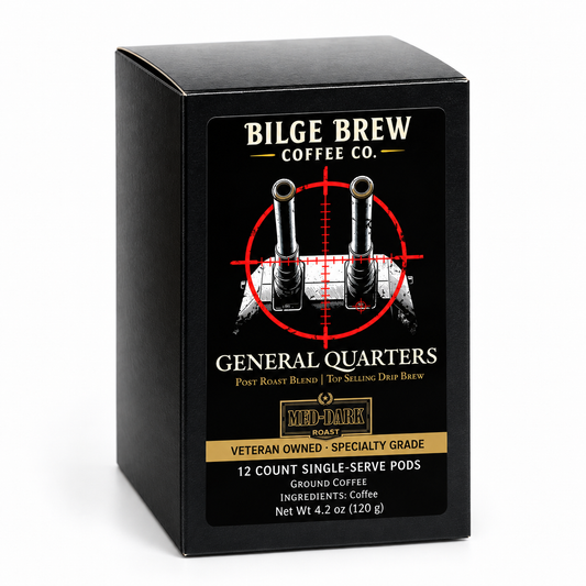 A black rectangular coffee box labeled Bilge Brew Coffee Co. General Quarters, shown on a clean white background.