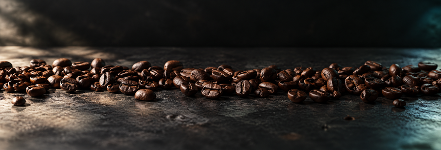 A horizontal line of roasted coffee beans scattered across a dark, textured surface under dramatic, moody lighting.