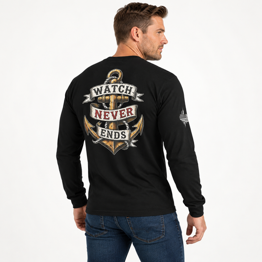 A man wearing a black long-sleeve t-shirt with a large anchor graphic on the back that reads 'WATCH NEVER ENDS' in white, red, and gold, paired with blue jeans, photographed against a clean white background.
