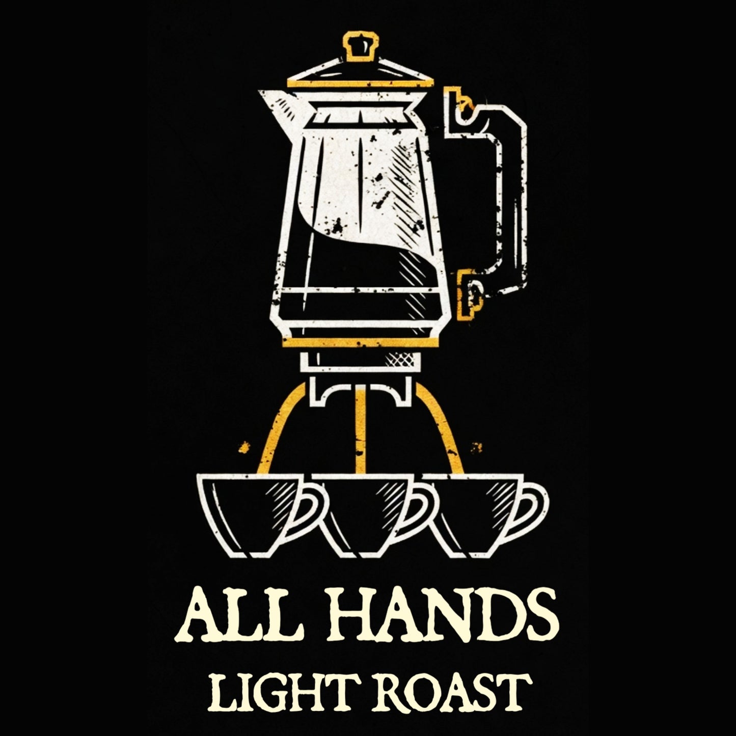 ALL HANDS — Light Espresso Roast: Bilge Brew All Hands light espresso roast coffee bag on coffee beans, smooth balanced light roast