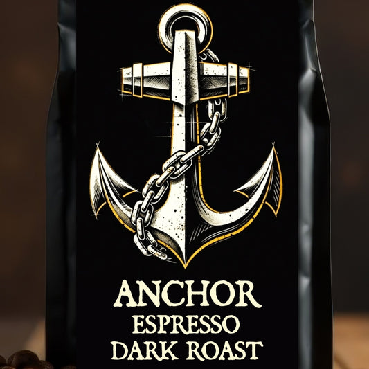 ANCHOR ESPRESSO — Dark Roast: Bilge Brew Anchor Espresso dark roast coffee bag on coffee beans, heavy-bodied espresso-focused roast