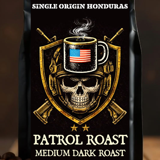 Coffee bag with skull design, American flag, and text 'Single Origin Honduras Patrol Roast'.