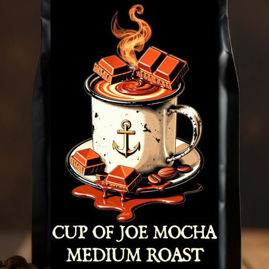 CUP OF JOE — Mocha (Naturally Flavored Medium Roast): Bilge Brew Cup of Joe Mocha naturally flavored medium roast coffee bag on coffee beans