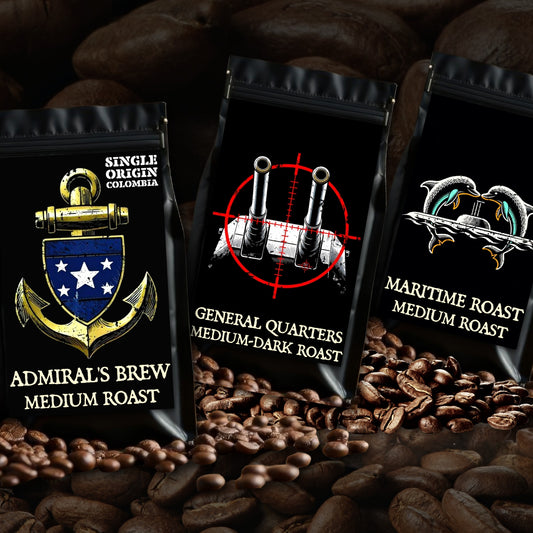 Bilge Brew Crew Sampler bundle featuring Admiral’s Brew Colombia single origin, General Quarters medium-dark, and Maritime Roast smooth medium