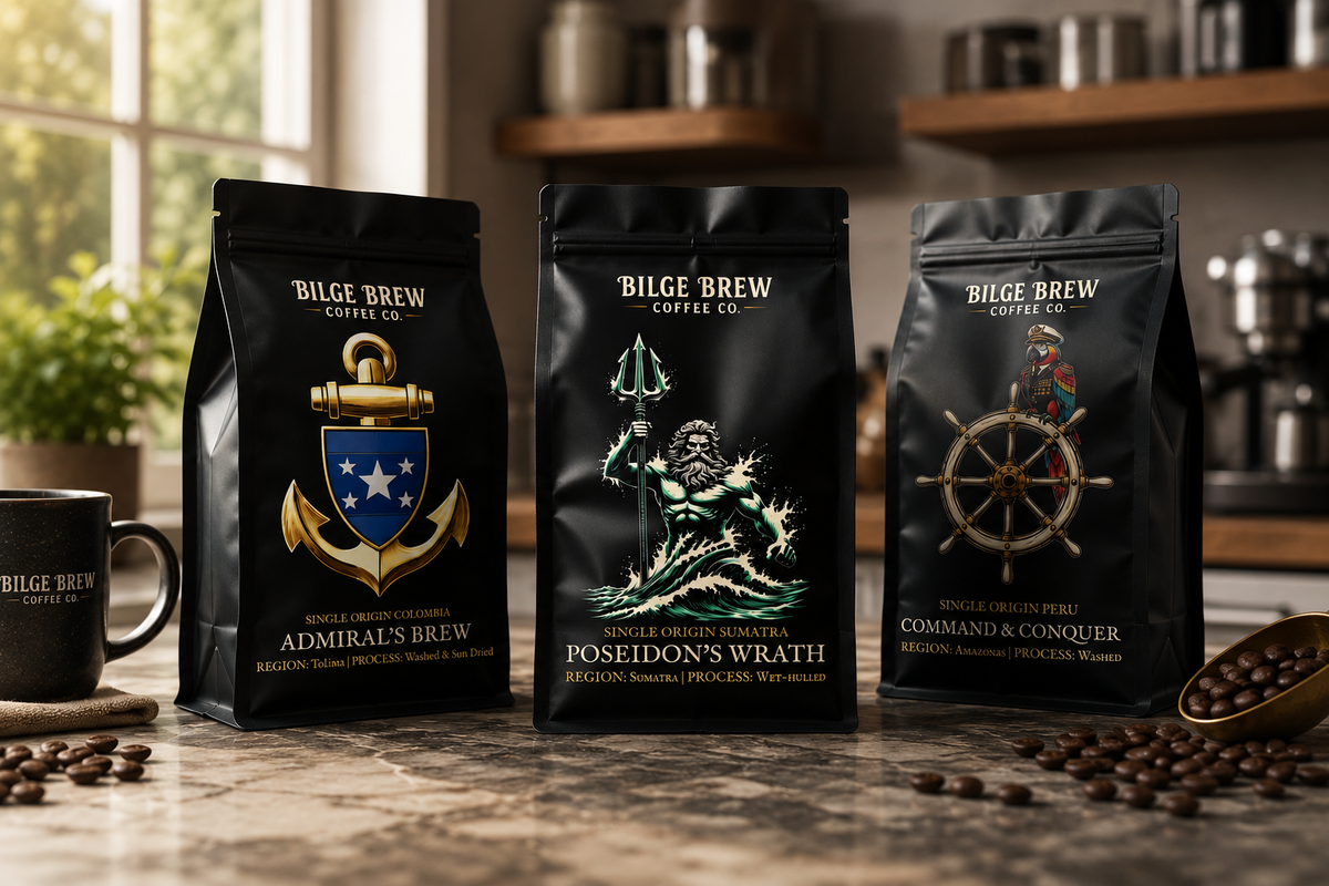 Three black bags of Bilge Brew Coffee Co. single-origin coffee stand on a countertop in a kitchen setting.