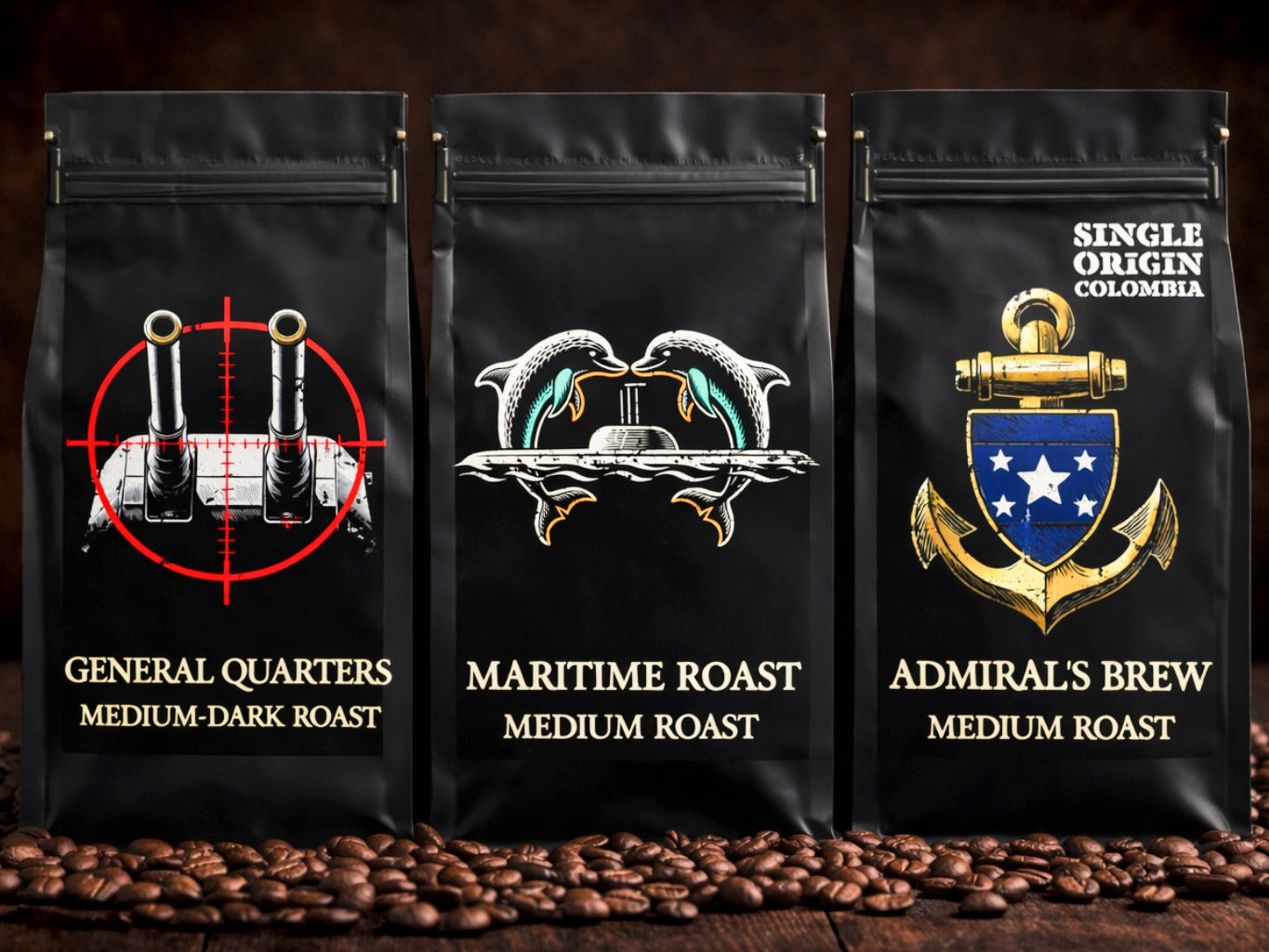 Three coffee bags with different roast types and designs on a wooden surface with coffee beans.