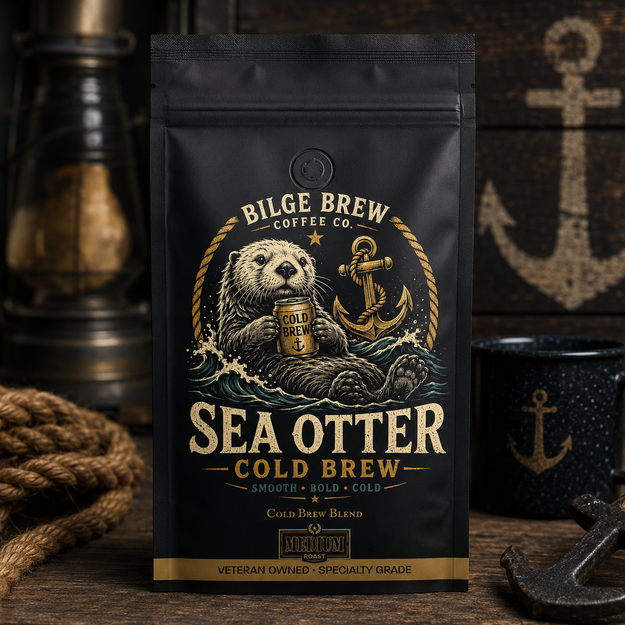 Bilge Brew Coffee Co. Sea Otter Cold Brew package with nautical-themed design.