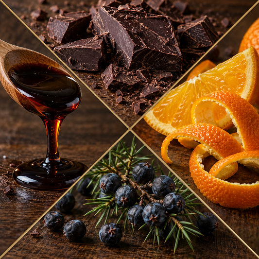 A four-panel collage showing chocolate and citrus ingredients: dark chocolate chunks, a wooden spoon filled with amber syrup, orange peel curls, and blueberries on a wooden surface.