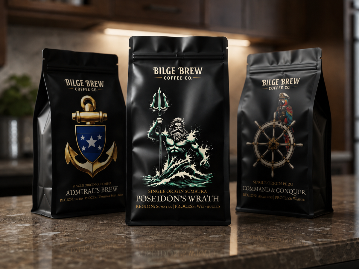Three black coffee bags from Bilge Brew Coffee Co. stand on a countertop in a kitchen setting.