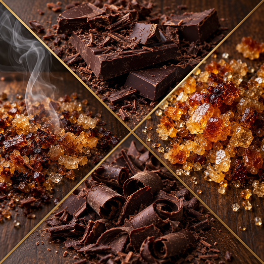 Four diagonal panels show different chocolate-related food items on a dark wooden surface: broken dark chocolate pieces with smoke, amber crystalline sugar or caramel-like sugar clusters, shaved chocolate curls, and more chocolate shavings.