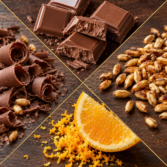 A four-panel close-up of chocolate bars broken into pieces, arranged with chocolate curls, chopped nuts, and an orange slice with orange zest on a dark wooden surface.