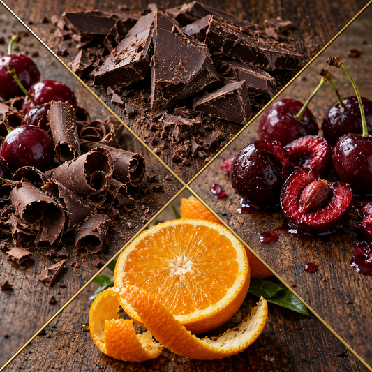 A four-panel collage showing chocolate and fruit ingredients: broken dark chocolate, sliced cherries, curled chocolate curls, and an orange slice with peeled orange zest on a dark wooden surface.