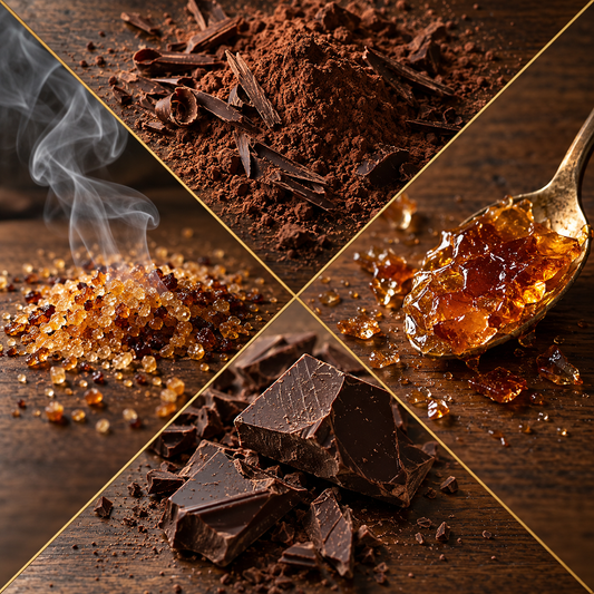 Four diamond-shaped panels on a dark wooden surface showing chocolate ingredients: cocoa powder, chocolate shavings, amber sugar crystals, and chunks of dark chocolate on a gold spoon.