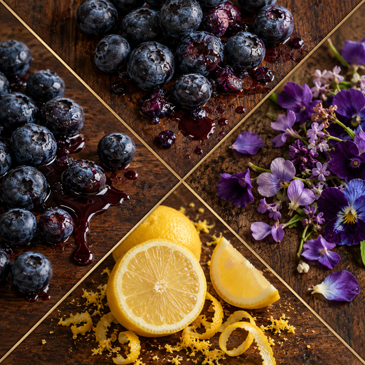 A four-panel close-up collage of natural ingredients on a dark wooden surface: blueberries with dark berry sauce, purple flowers, and sliced lemons with zest.