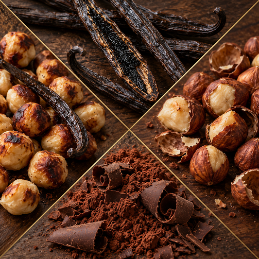 A close-up collage of chocolate and vanilla ingredients on a dark wooden surface, including vanilla beans, hazelnuts, cracked hazelnuts, cocoa powder, and chocolate curls, divided by thin gold diagonal lines.