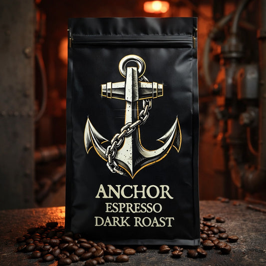Black coffee bag with anchor design labeled 'Anchor Espresso Dark Roast' on a dark background.