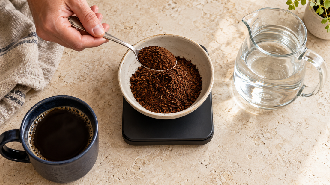 Photo: Coffee grounds being weighed beside a water jug and navy coffee mug
