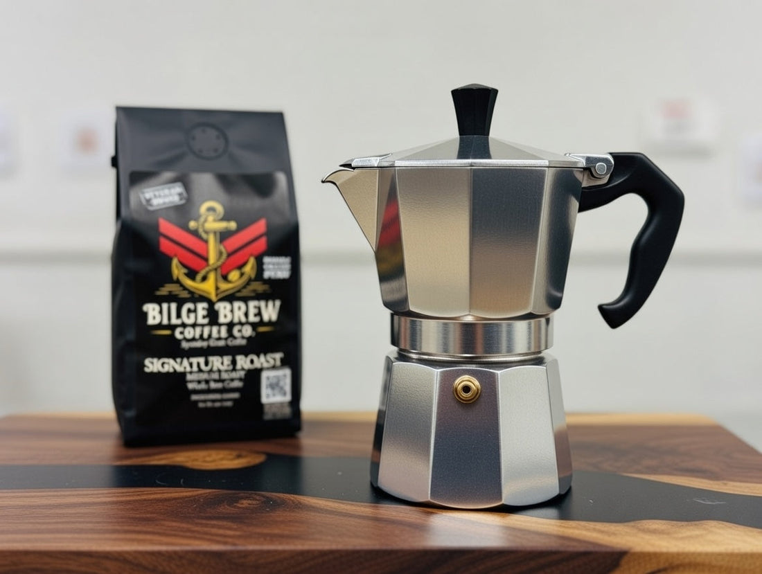 mokapot with bilge brew coffee bag