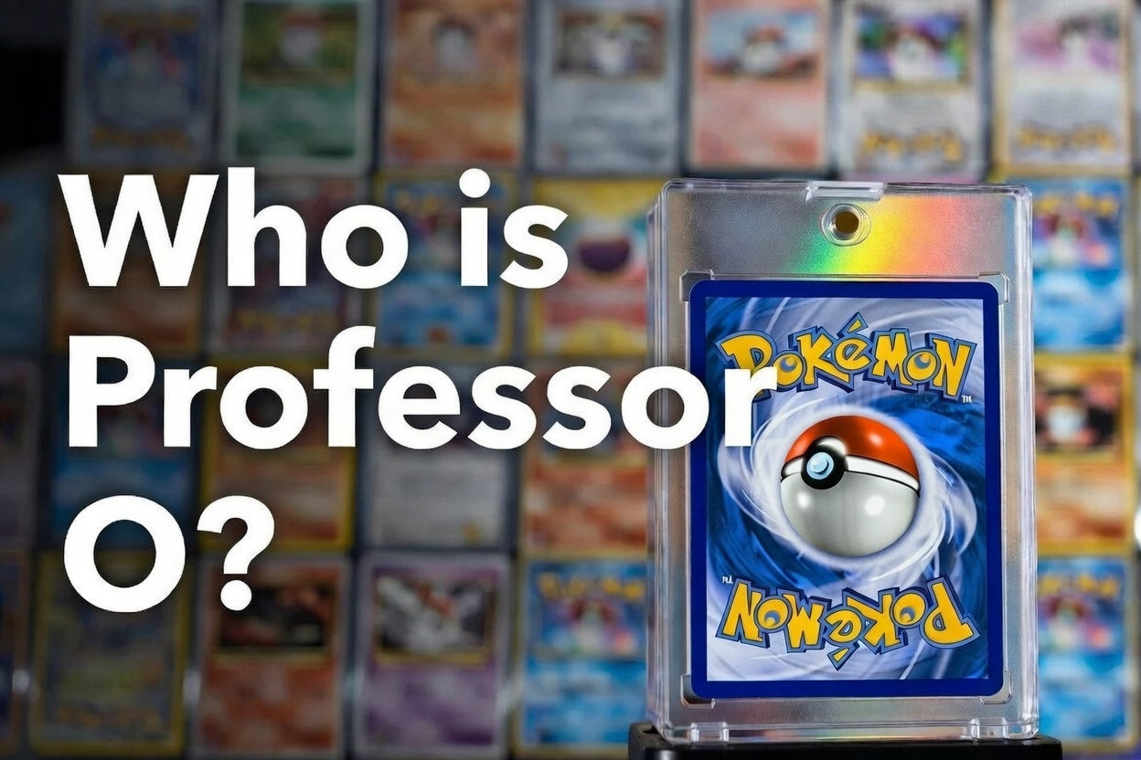 A promotional banner for a graded holographic Pokemon card, featuring "Who is Professor O?" text in a warm, modern style.