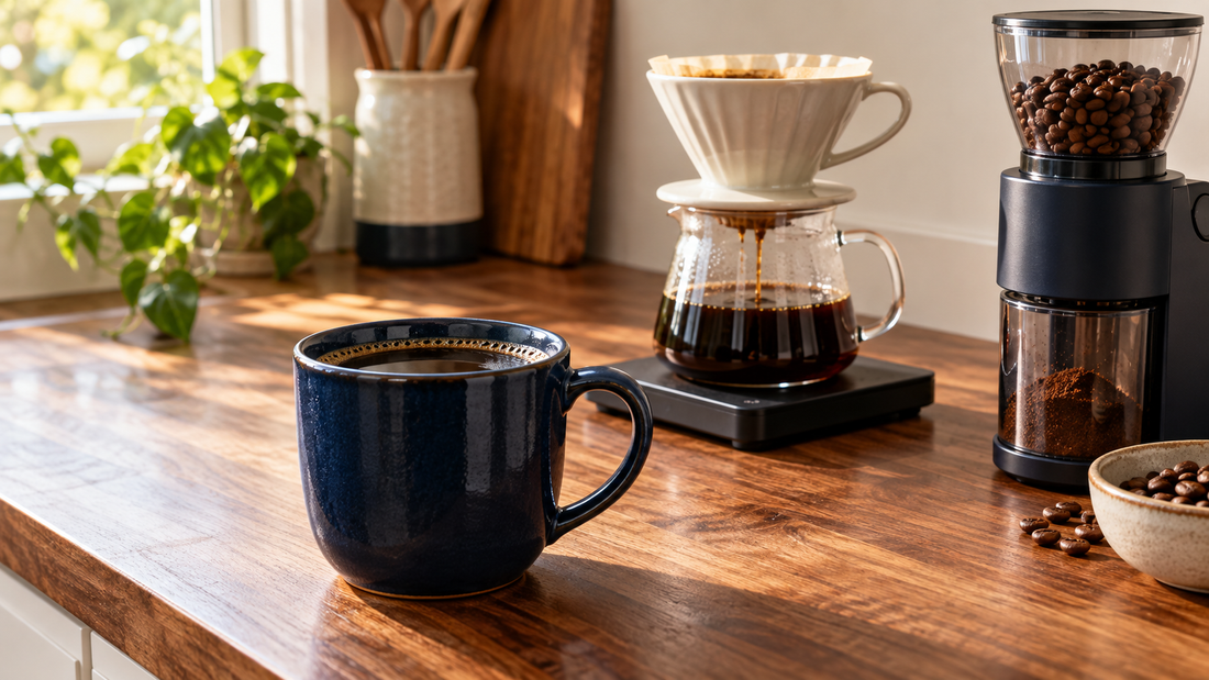 coffee cup, brewer and grinder