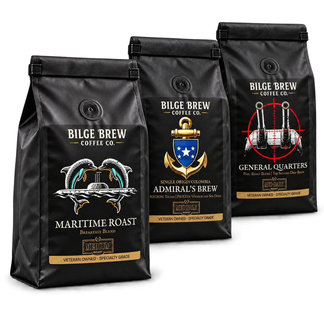 Three Bilge Brew coffee bags in the Crew Sampler.