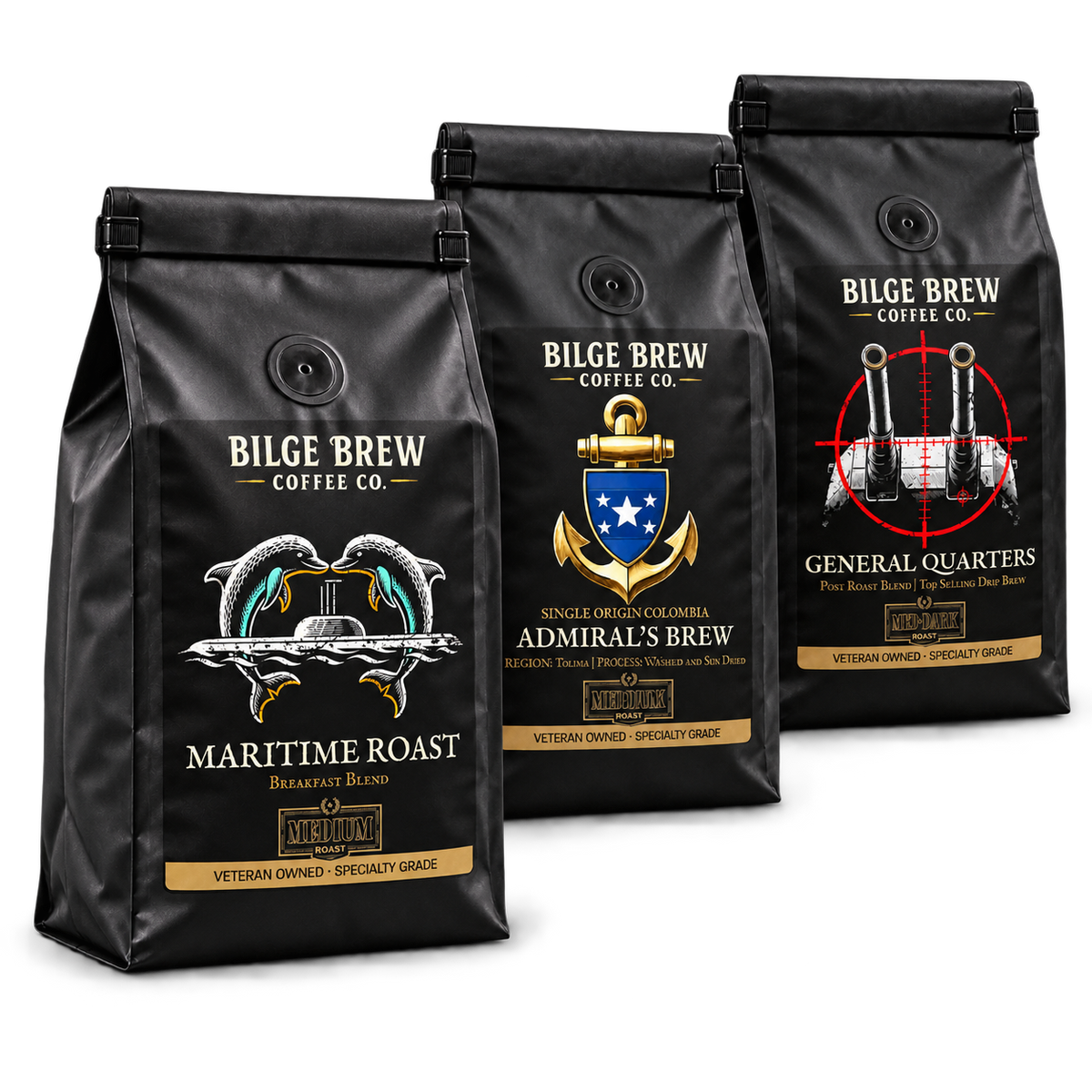 Three Bilge Brew coffee bags in the Crew Sampler.