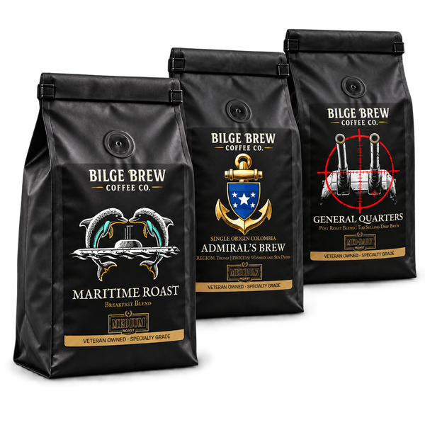 Three Bilge Brew coffee bags in the Crew Sampler.