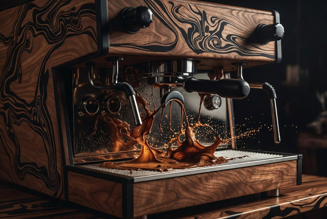 dark, moody, luxurious feel. dark walnut with black epoxy inlay setting.view of a sleek espresso maching pulling a shot of espresso that is channeling and spraying erratically