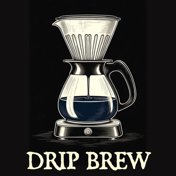 Sketched linework drip coffee maker and glass carafe on a black background with midnight navy accents.
