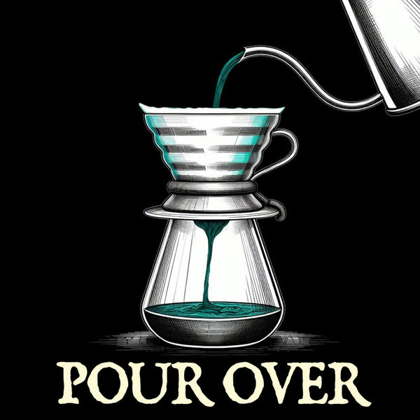 Sketched linework pour-over dripper with gooseneck kettle pouring into a server on a black background with deep teal accents.