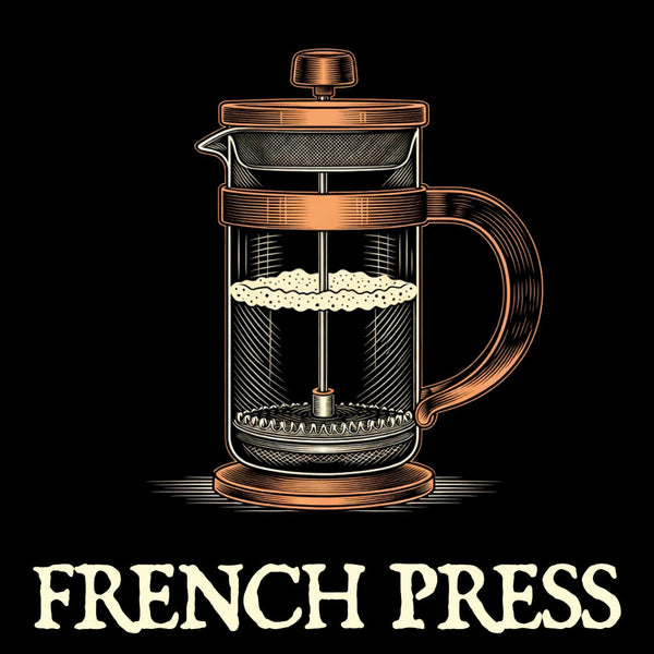 Sketched linework French press with plunger partially lowered on a black background with antique copper accents.