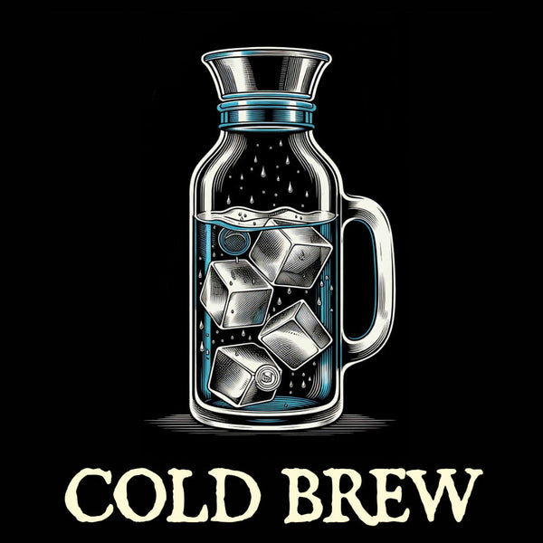 Sketched linework cold brew jar with ice cubes and condensation on a black background with steel blue accents.