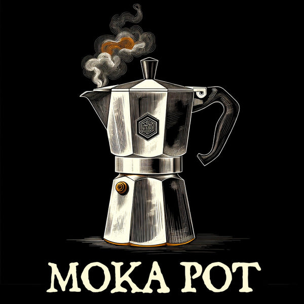 Sketched linework stovetop moka pot with light steam on a black background with antique brass accents.