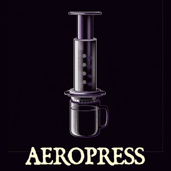 Sketched linework AeroPress pressing coffee into a mug on a black background with imperial purple accents.