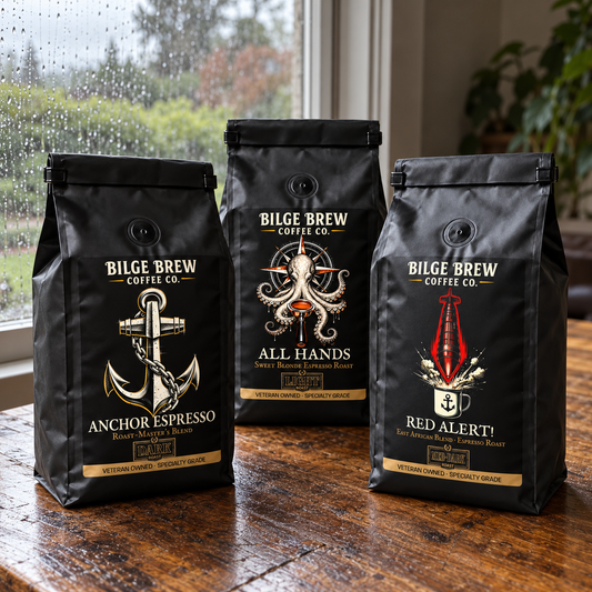 THREE BILGE BREW COFFEES ON WOOD TABLE BY A WINDOW WITH WATER DROPLETS ON IT