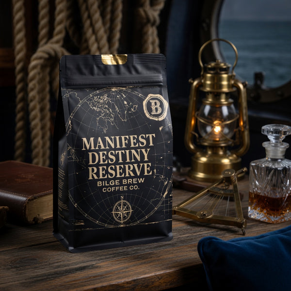 manifest destiny reserve coffee bag in black and gold, in nautical setting