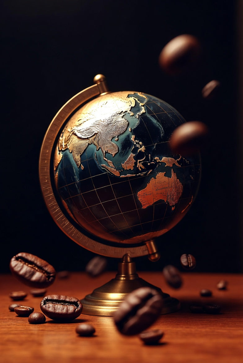 Globe with coffee beans on a dark background