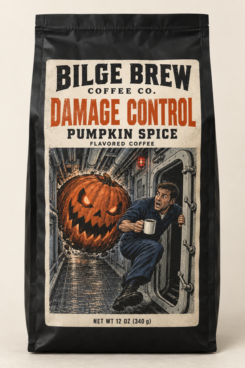 A 12 oz bag of Bilge Brew Coffee Co. Damage Control Pumpkin Spice flavored coffee. ext
Bilge Brew Damage Control pumpkin spice coffee in a black bag with artwork of a sailor escaping a giant jack-o’-lantern aboard a Navy ship.