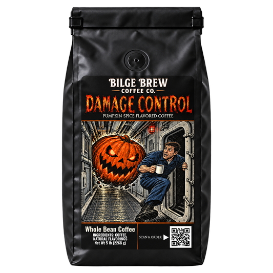 A bag of Bilge Brew Coffee Co. Damage Control pumpkin spice flavored coffee, featuring a black bag with a detailed illustrated label showing a man peeking out from a door behind a glowing jack-o'-lantern.