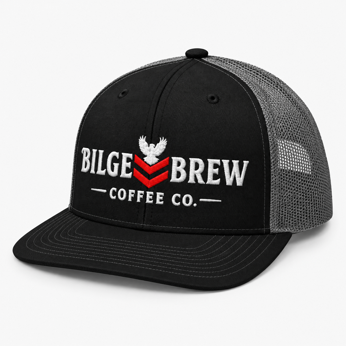 A black and gray trucker hat with a black front panel, white embroidered 'BILGE BREW COFFEE CO.' text, and a red chevron logo, shown on a light gray background.
