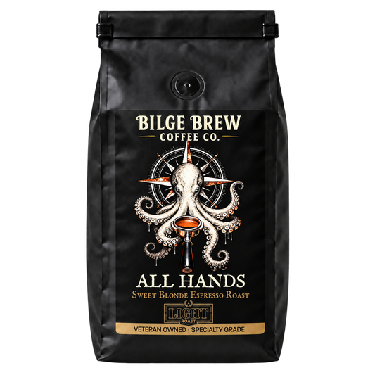 A black coffee bag from Bilge Brew Coffee Co. featuring a detailed illustration of an octopus holding espresso portafilter, with the text 'ALL HANDS' and 'SWEET BLONDE ESPRESSO ROAST' on a white background.