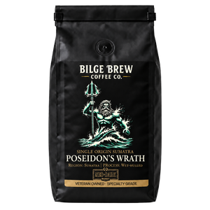 A black coffee bag from Bilge Brew Coffee Co. featuring a graphic of Poseidon holding a trident, with text reading 'Poseidon's Wrath' and 'Single Origin Sumatra'.