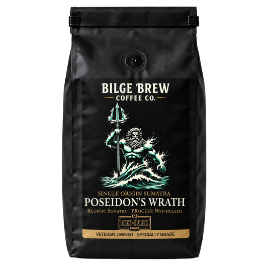 A black coffee bag from Bilge Brew Coffee Co. featuring a graphic of Poseidon holding a trident, with text reading 'Poseidon's Wrath' and 'Single Origin Sumatra'.