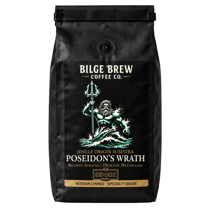 A black coffee bag from Bilge Brew Coffee Co. featuring a graphic of Poseidon holding a trident, with text reading 'Poseidon's Wrath' and 'Single Origin Sumatra'.