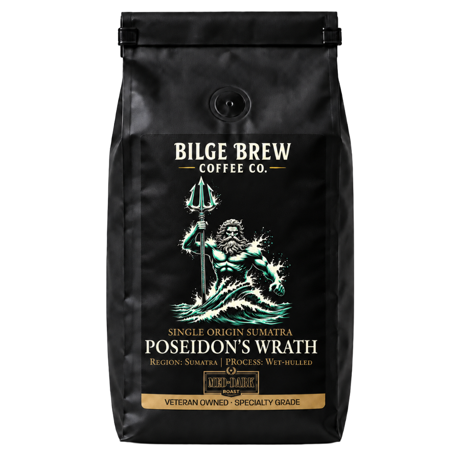 A black coffee bag from Bilge Brew Coffee Co. featuring a graphic of Poseidon holding a trident, with text reading 'Poseidon's Wrath' and 'Single Origin Sumatra'.