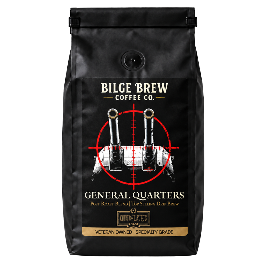 A black coffee bag from Bilge Brew Coffee Co. featuring a graphic of two naval guns inside a red crosshair, with the text 'GENERAL QUARTERS' and a gold banner reading 'VETERAN OWNED - SPECIALTY GRADE'.
